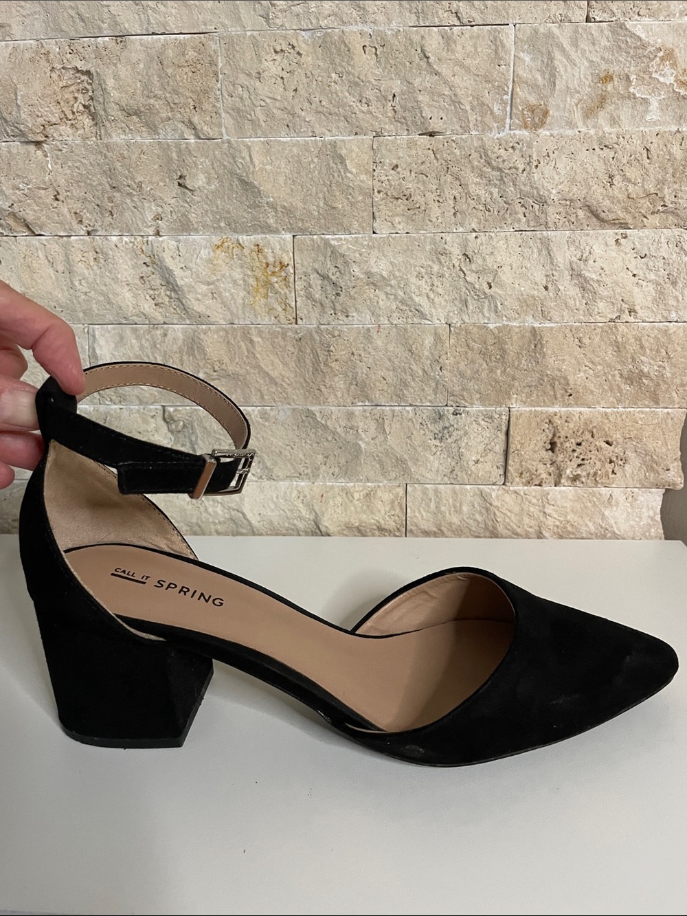 Call It Spring Black Suede D'Orsay Block Heel Pumps with Ankle Strap - Picture 2 of 9